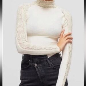 Altered State Y2K Lace Panel Mock Neck Ribbed L/S Cute Girly XS Ivory/Bone Top
